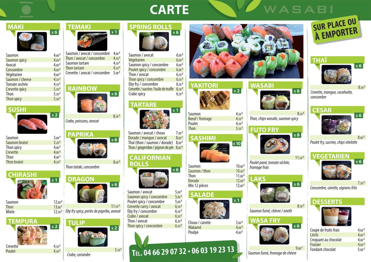 Carte du Wasabi Wasabi Sushi Nîmes